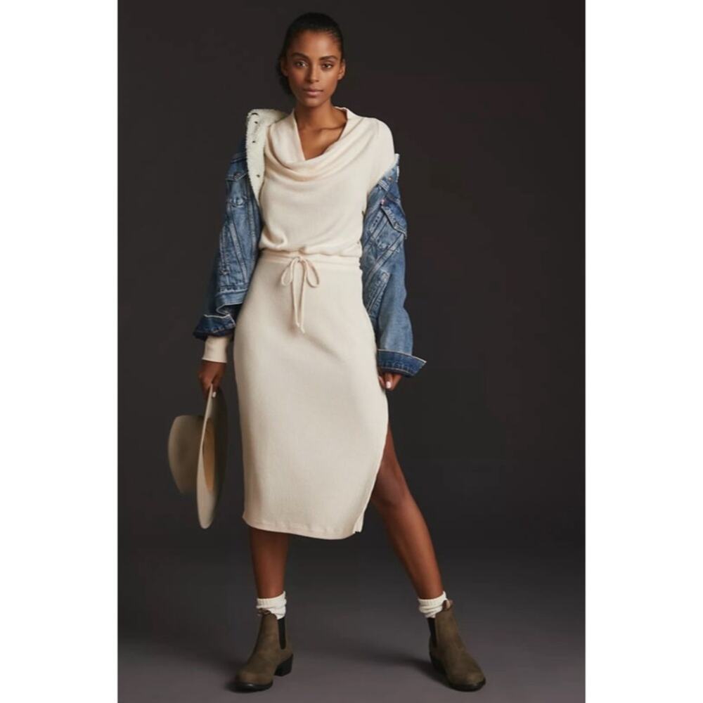 Anthropologie Daily Practice Cowl Neck Midi Dress Cream Sweater Dress Size XS